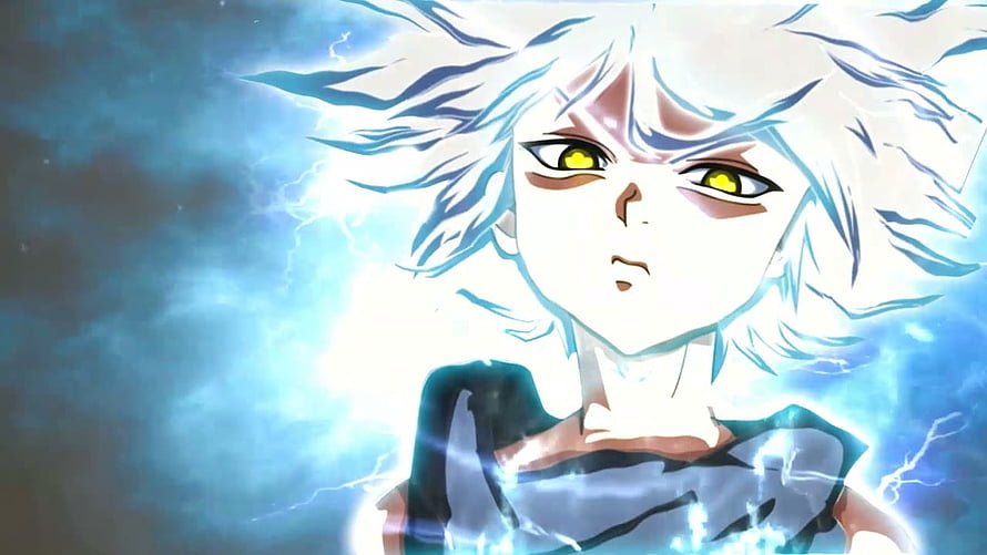 Killua Zoldyck from Hunter x Hunter with electric aura and glowing yellow eyes HD wallpaper
