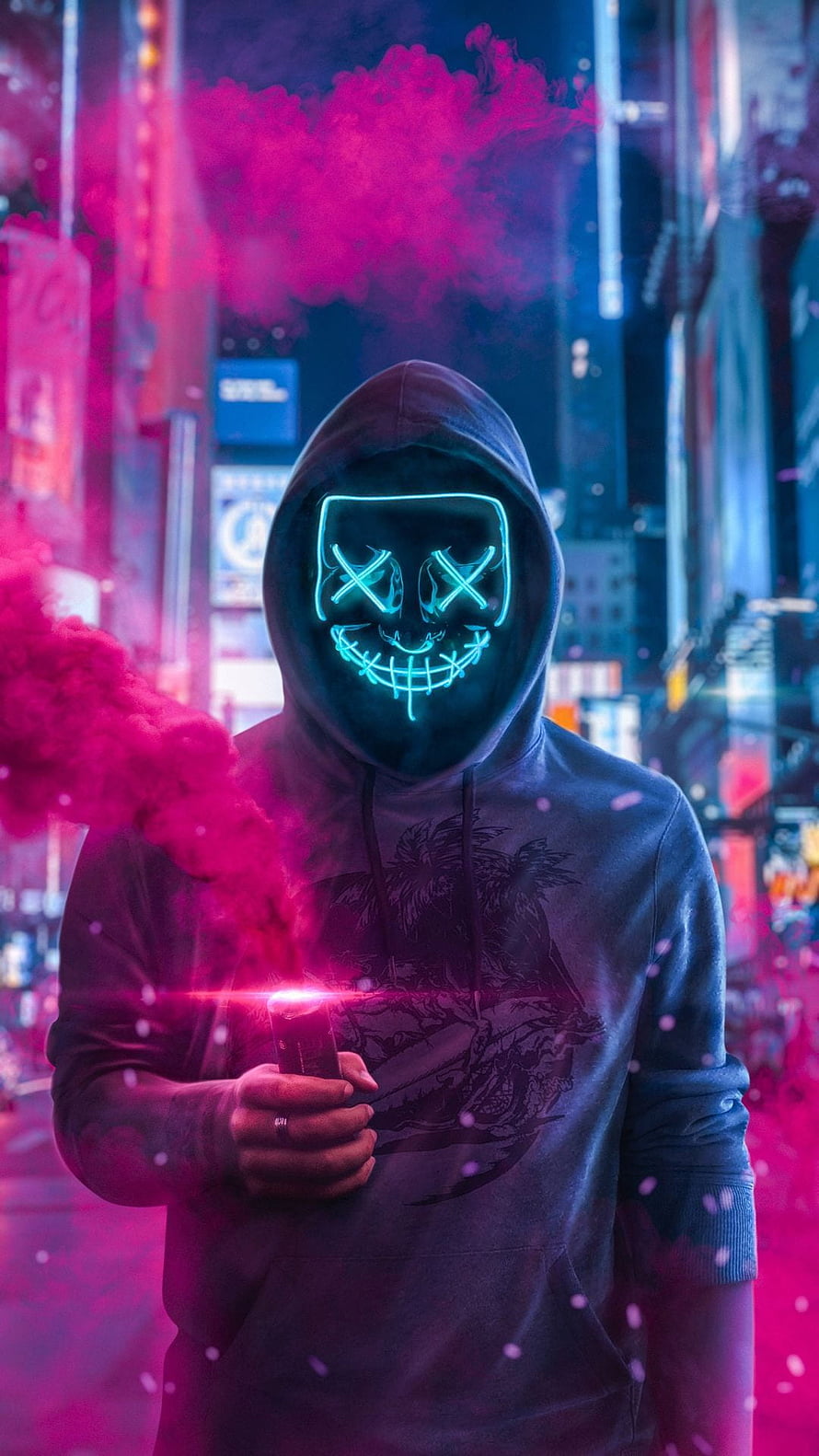 Hacker in Glowing Neon Mask Holding Smoke Flare in Cyberpunk City HD phone wallpaper