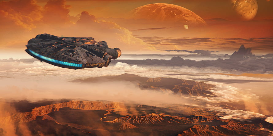 Millennium Falcon flying over a desert planet with twin suns in the Star Wars galaxy HD wallpaper