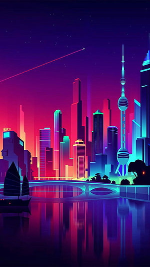 Neon Shanghai Skyline at Night with Oriental Pearl Tower and Synthwave Cityscape HD phone wallpaper