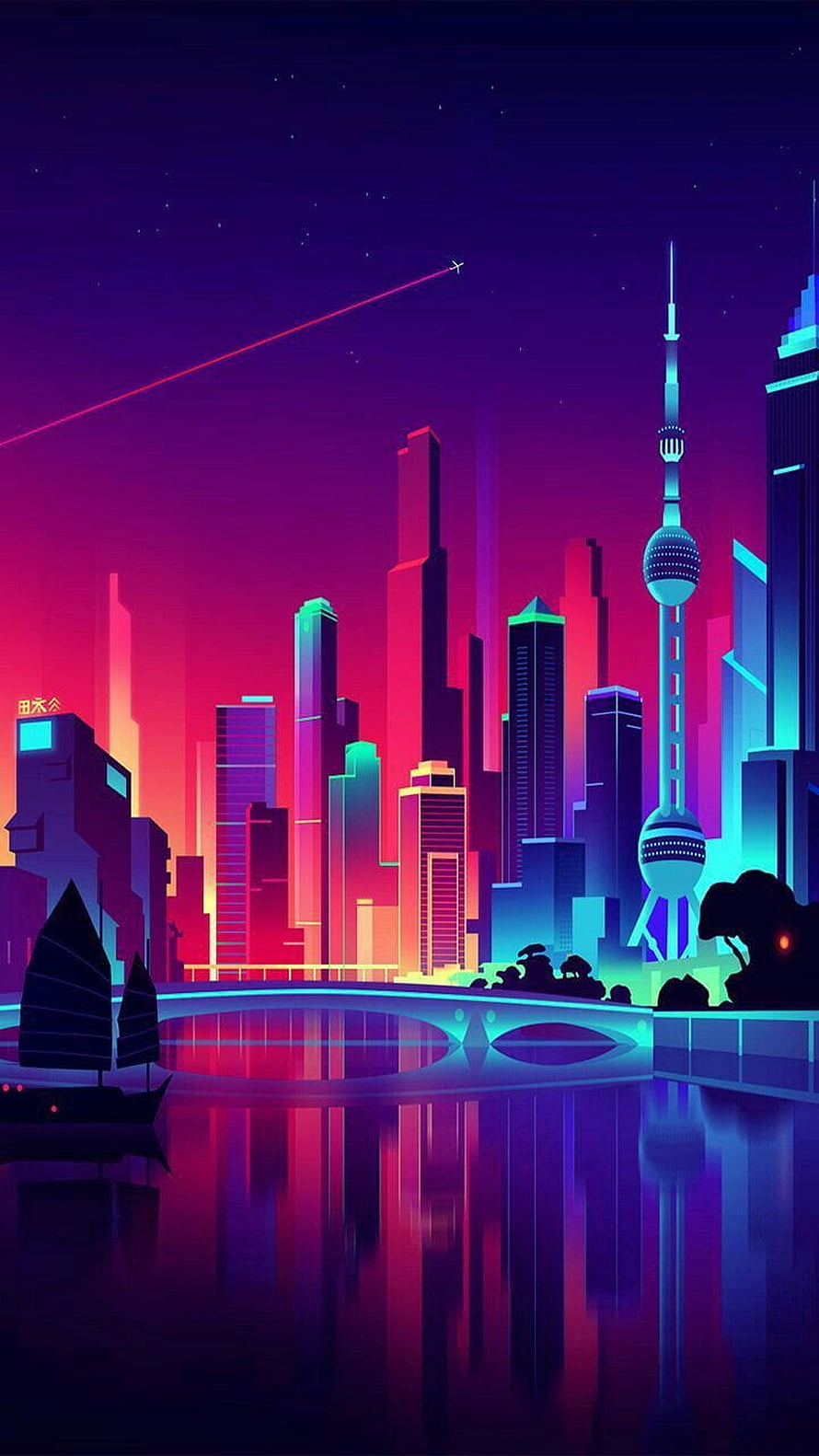 Neon Shanghai Skyline at Night with Oriental Pearl Tower and Synthwave Cityscape HD phone wallpaper