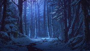 Mystical Snow-Covered Forest at Night with Moonlit Blue Atmosphere HD wallpaper