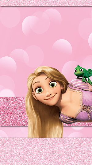 Rapunzel and Pascal from Disney Tangled on a Pink Glitter Background HD phone wallpaper