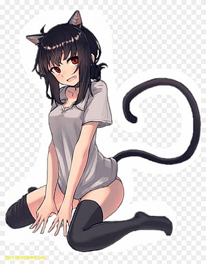 Anime Neko Girl with Cat Ears and Tail in Grey Dress and Black Thigh Highs HD phone wallpaper