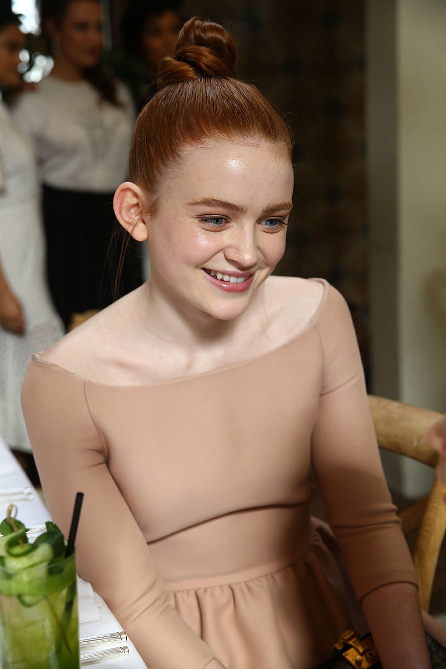 Sadie Sink Smiling in Nude Off-Shoulder Dress with Red Hair Updo at Event HD phone wallpaper