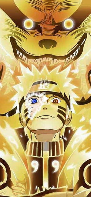 Naruto Uzumaki in Nine-Tails Chakra Mode with Kurama Behind Him HD phone wallpaper