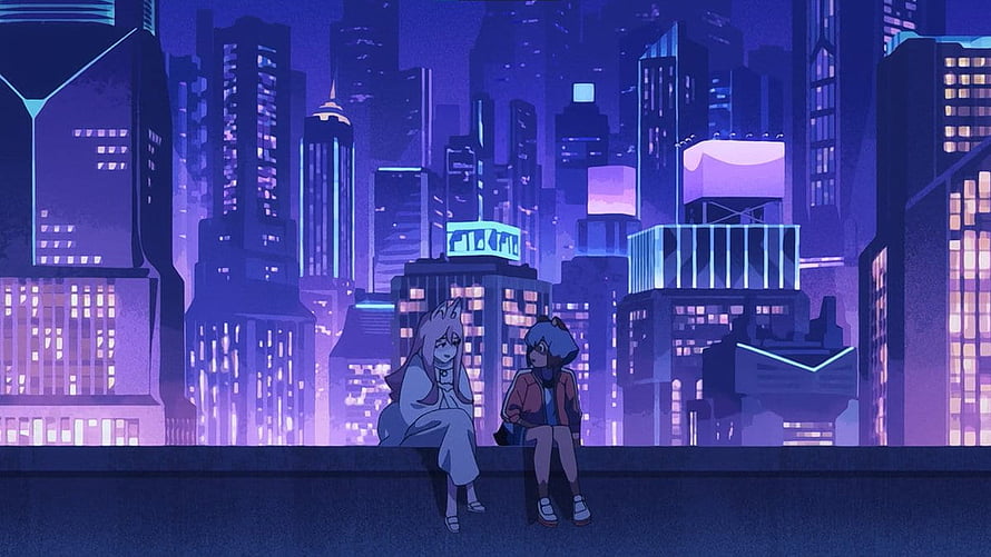 Two Anime Characters Sitting on a Rooftop Against a Purple Neon City Skyline at Night HD wallpaper