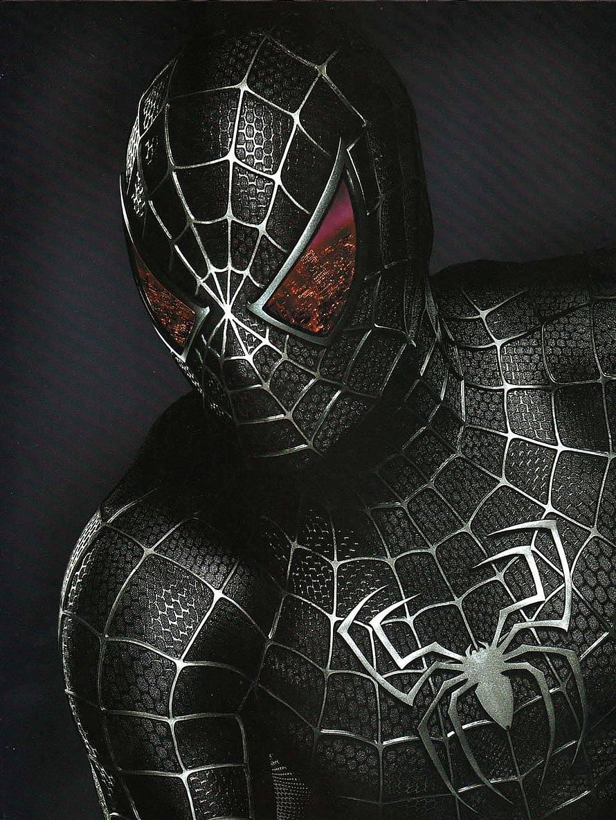 Black Spider-Man Suit Close-Up with Silver Web Pattern and Glowing Red Eyes HD phone wallpaper