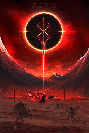 Berserk Eclipse Fantasy Artwork with Dark Red Sky and Symbolic Moon HD phone wallpaper