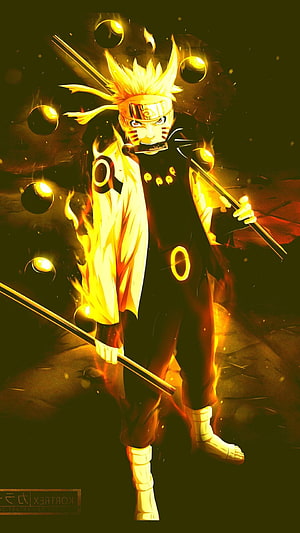 Naruto Uzumaki in Sage Mode wielding dual swords with golden chakra aura and Rasenshuriken orbs HD phone wallpaper