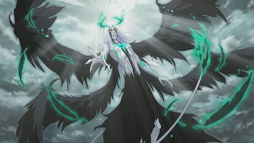 Ulquiorra Cifer in Resurreccion Form with Black Wings and Green Energy HD wallpaper