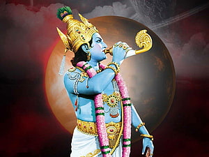 Lord Krishna Playing the Flute with Golden Crown and Floral Garland HD wallpaper
