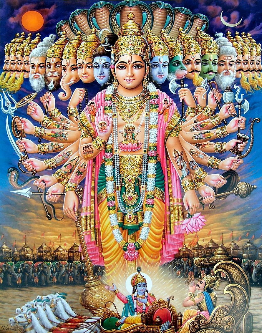 Lord Krishna Virat Roop Divine Form with Multiple Arms and Heads HD phone wallpaper