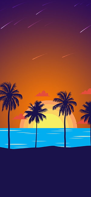 Tropical Sunset Beach with Silhouetted Palm Trees and Shooting Stars HD phone wallpaper