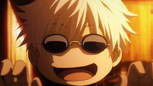 Gojo Satoru Chibi Character in Round Sunglasses with Golden Background HD wallpaper