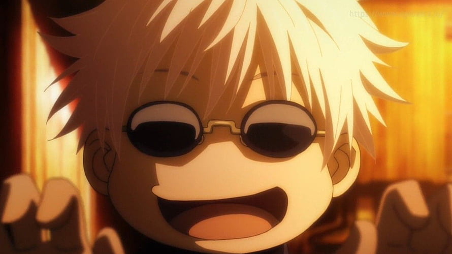 Gojo Satoru Chibi Character in Round Sunglasses with Golden Background HD wallpaper