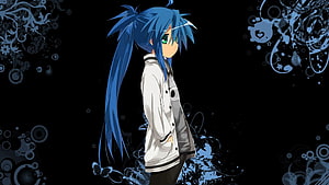 Konata Izumi from Lucky Star in a Melancholic Side Profile with Blue Hair and White Jacket HD wallpaper