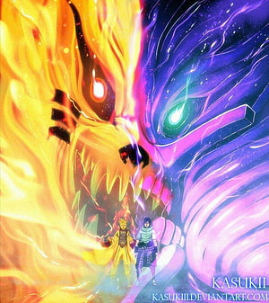Naruto and Sasuke Stand Before Kurama and Susano'o in Epic Anime Artwork HD phone wallpaper