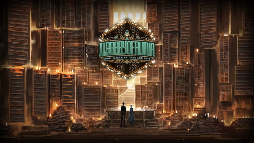 Library of Ruina Title Screen Featuring Two Characters in a Grand Illuminated Library HD wallpaper