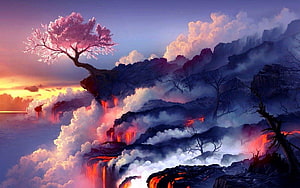 Fantasy Landscape with Cherry Blossom Tree, Lava Falls, and Dramatic Sunset Clouds HD wallpaper
