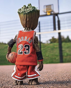 Groot in a Chicago Bulls Jordan 23 Jersey Holding a Basketball on an Outdoor Court HD phone wallpaper