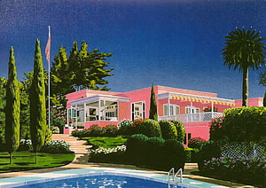 Hiroshi Nagai Mid-Century Pink Residence with Pool and Lush Garden HD wallpaper