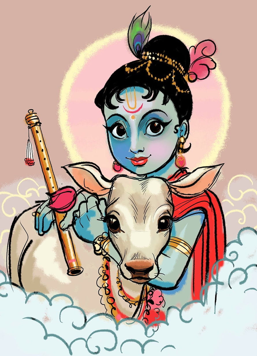 Krishna Playing Flute with White Cow in Soft Pastel Illustration HD phone wallpaper