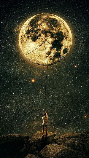 Surreal Digital Art of a Man Reaching for a Giant Glowing Moon in a Starry Night Sky HD phone wallpaper
