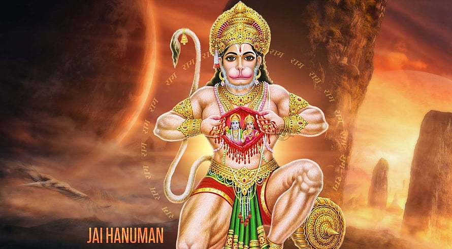 Lord Hanuman Devotional Artwork with Sacred Icon and Dramatic Sky HD wallpaper