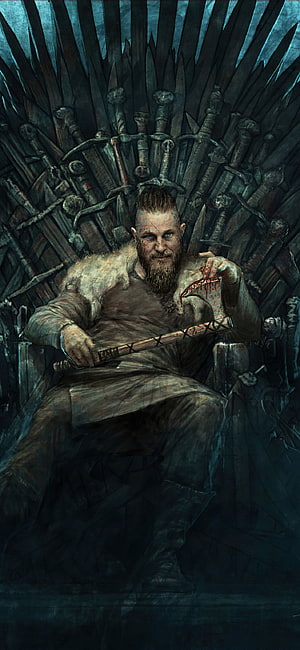Ragnar Lothbrok Seated on the Iron Throne Holding a Bloodied Sword in Dark Fantasy Art HD phone wallpaper