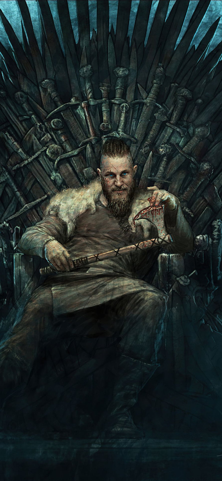 Ragnar Lothbrok Seated on the Iron Throne Holding a Bloodied Sword in Dark Fantasy Art HD phone wallpaper