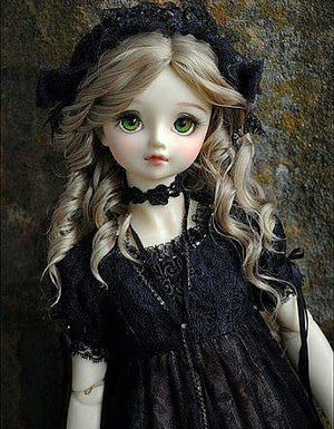 Gothic Lolita Ball-Jointed Doll with Blonde Curls and Green Eyes in Black Lace Dress HD phone wallpaper