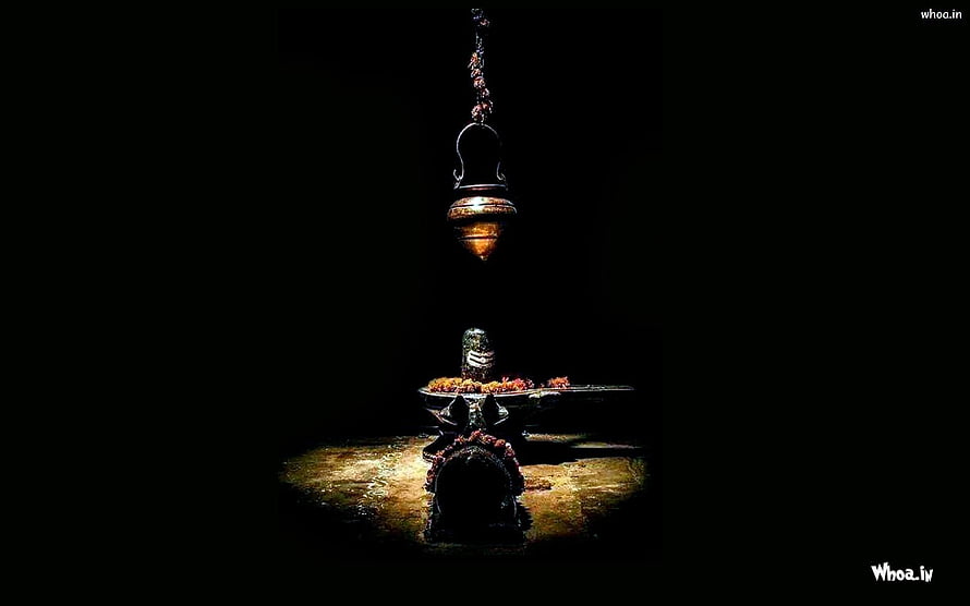 Sacred Shiva Lingam Altar With Hanging Oil Lamp In Dark Temple Setting HD wallpaper
