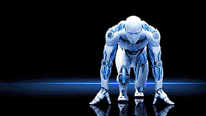 Futuristic Humanoid Robot in Crouched Pose with Blue Neon Glow on Black Background HD wallpaper