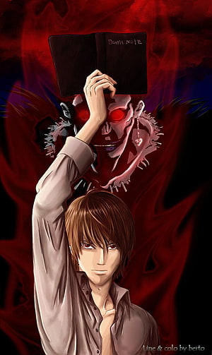 Light Yagami Holding Death Note with Ryuk Behind Him in Dark Red Anime Art HD phone wallpaper