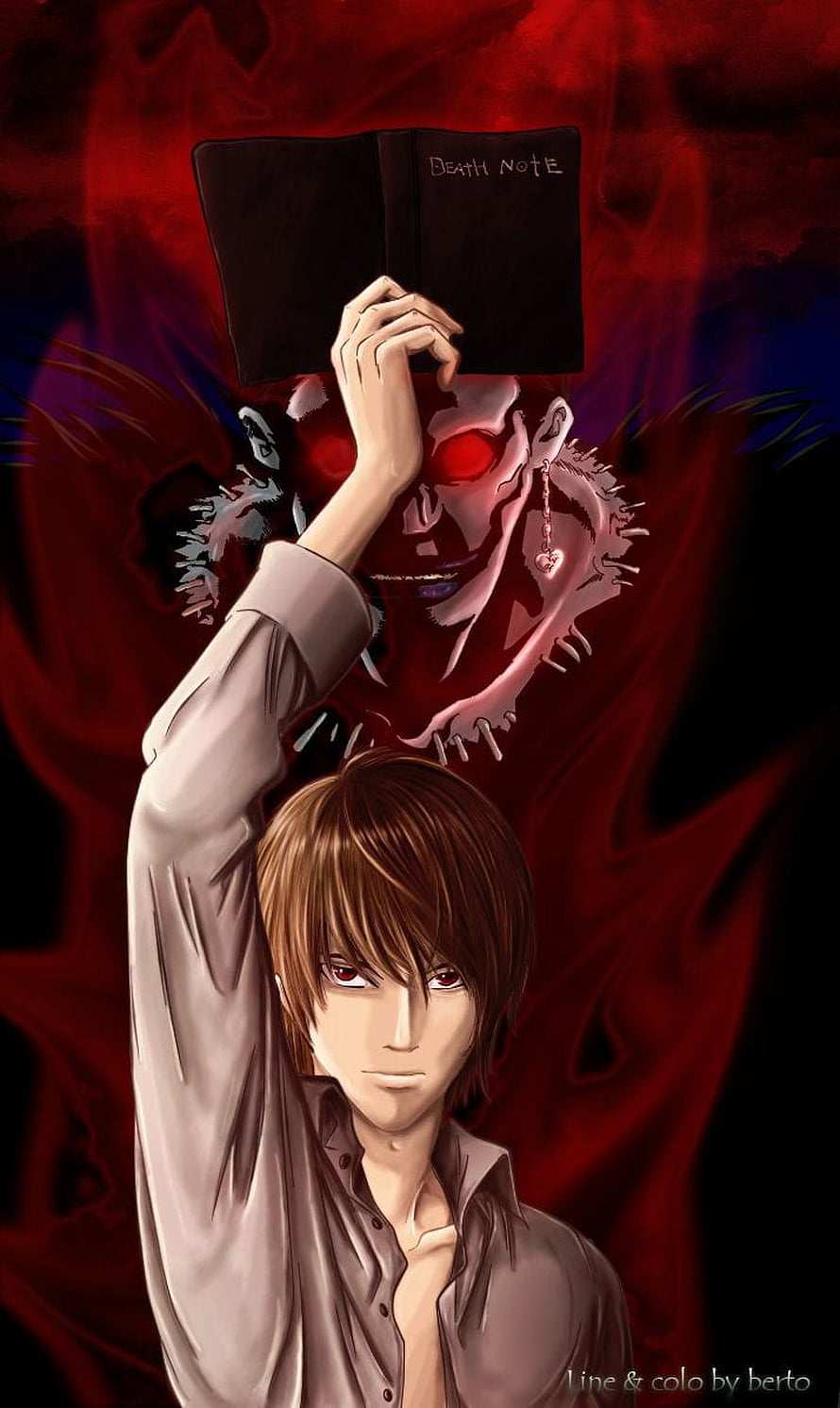 Light Yagami Holding Death Note with Ryuk Behind Him in Dark Red Anime Art HD phone wallpaper