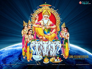 Lord Vishwakarma Seated on Elephants with Deities and Sacred Offerings HD wallpaper
