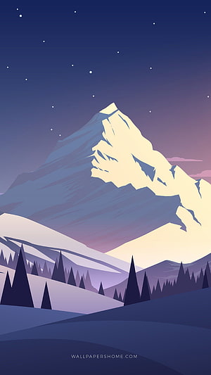 Minimalist Flat Design Snowy Mountain Peak Under Starry Night Sky with Pine Forest HD phone wallpaper