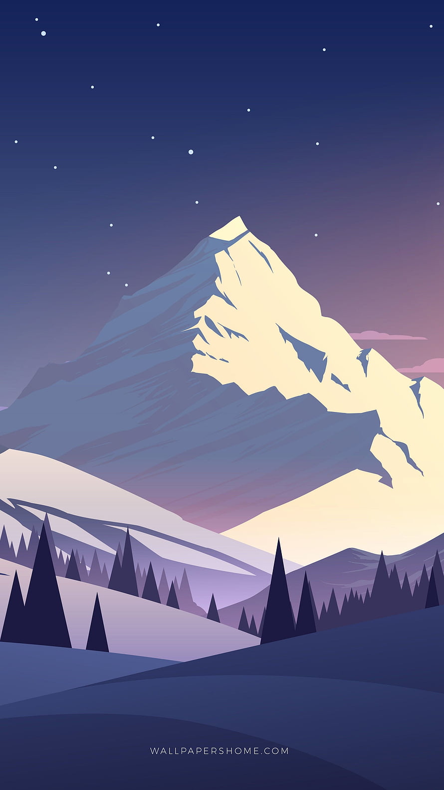 Minimalist Flat Design Snowy Mountain Peak Under Starry Night Sky with Pine Forest HD phone wallpaper