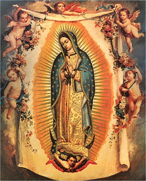 Virgin of Guadalupe Religious Painting with Cherubs and Golden Halo HD phone wallpaper