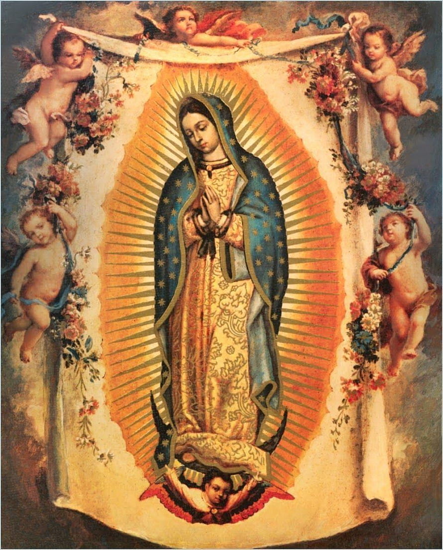 Virgin of Guadalupe Religious Painting with Cherubs and Golden Halo HD phone wallpaper