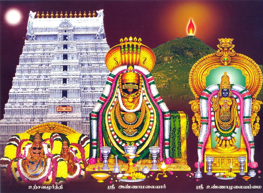 Lord Shiva Annamalai Temple Deity with Ganesha and Murugan Statues HD wallpaper