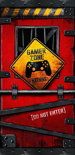 Gamer Zone Warning Sign on Industrial Red Metal Door with Game Controller Icon HD phone wallpaper
