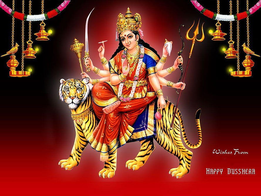Maa Durga Riding Tiger with Trishul and Sword, Hindu Goddess Artwork HD wallpaper