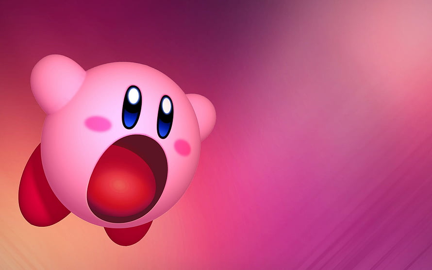 Kirby Inhaling with Open Mouth Against a Soft Pink Gradient Background HD wallpaper
