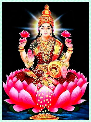 Goddess Lakshmi Seated on a Lotus Throne Holding Flowers and a Golden Pot HD phone wallpaper