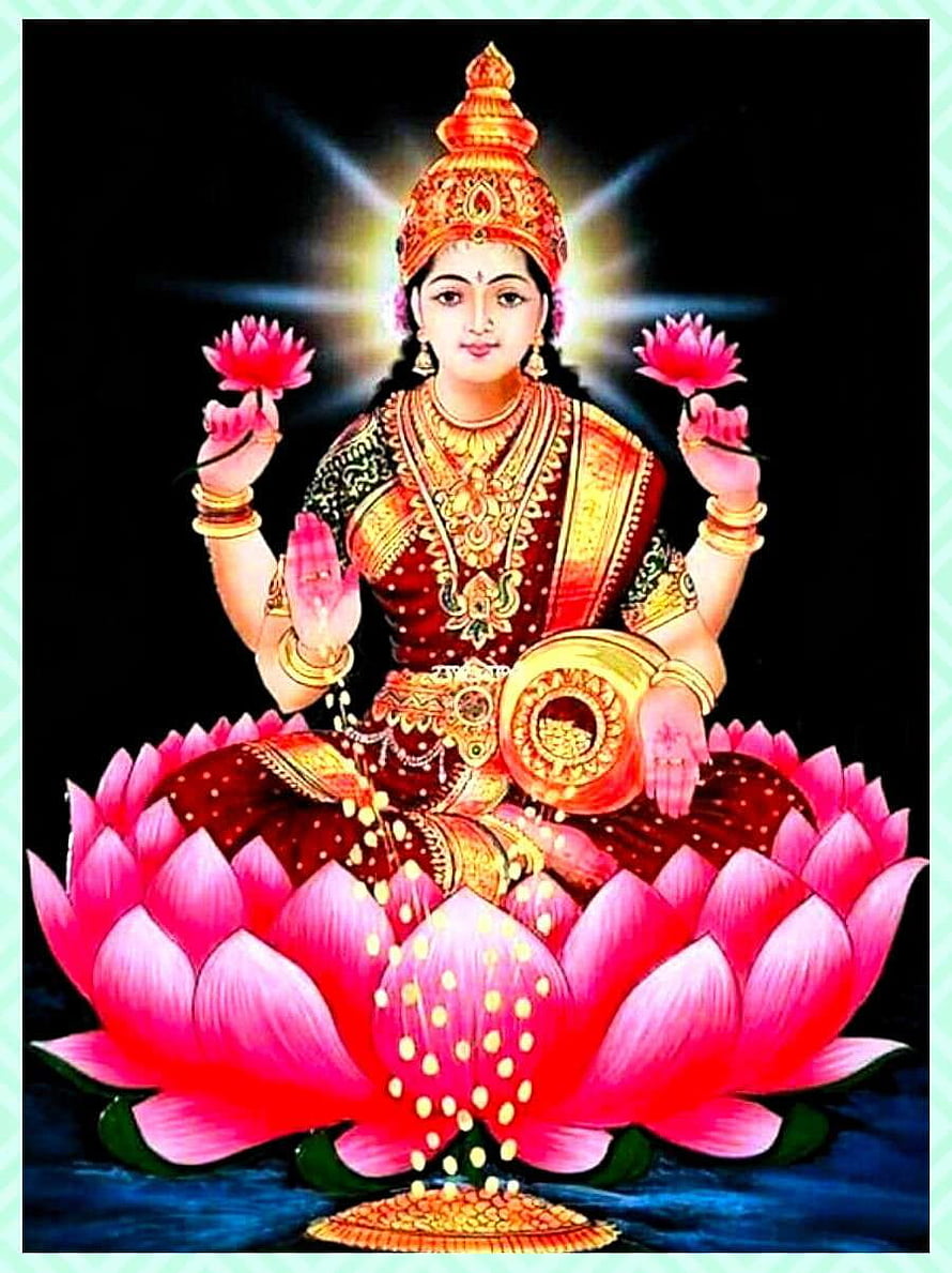 Goddess Lakshmi Seated on a Lotus Throne Holding Flowers and a Golden Pot HD phone wallpaper