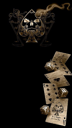 Gothic Ace of Spades Playing Cards and Dice with Ornate Skull Emblem on Black Background HD phone wallpaper