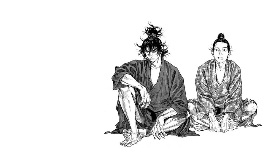 Vagabond Manga Illustration of Two Samurai in Traditional Japanese Attire HD wallpaper