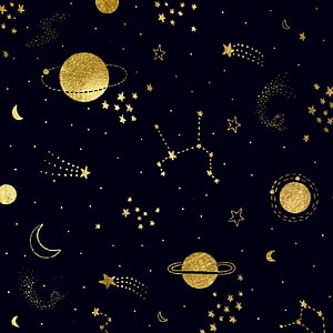Gold celestial pattern with planets, stars, and constellations on a black background HD phone wallpaper
